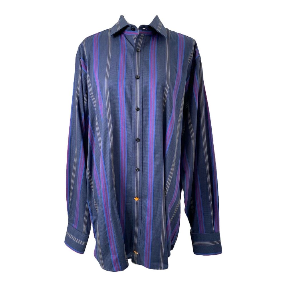 Mens XL Button Down Shirt Thomas Dean Blue and Purple Striped Long Sleeve